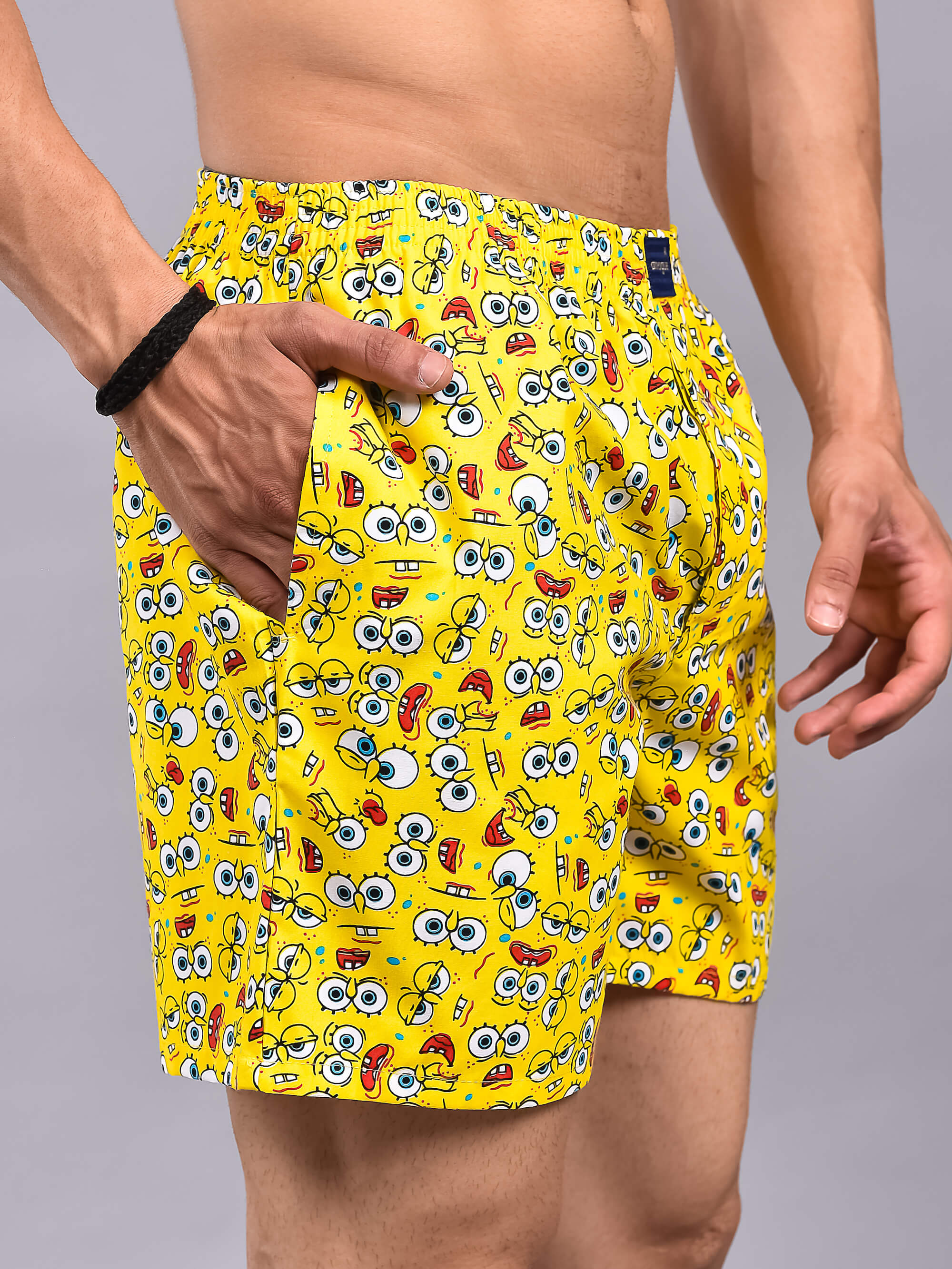 Yellow Spongebob Printed Cotton Boxer Shorts For Men Amogue
