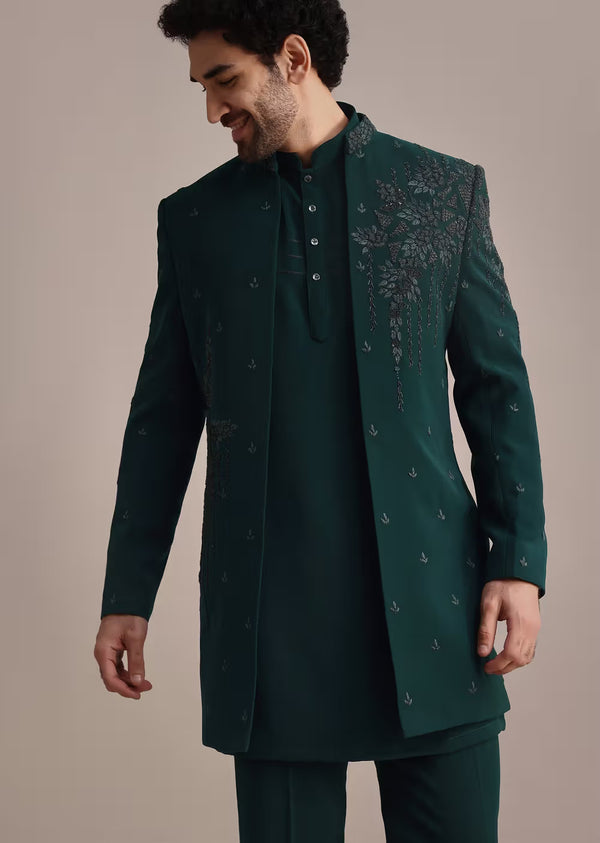 Teal Green Open  IndoWestern Embroidery Cut Dana With Kurta Pajamas for Men