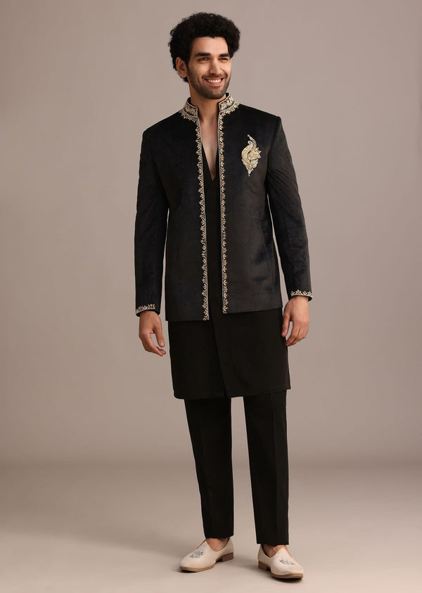 Black Open Jodhpuri Golden Embroidery With Kurta Pajamas for Men