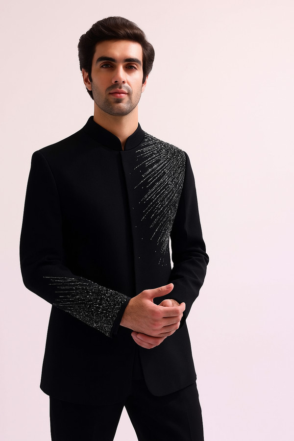 Black Silver Scattered Embroidered Black Imported Jodhpuri With Pant