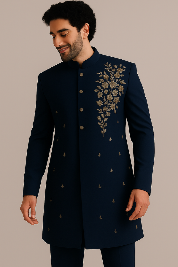 Navy Blue Men Indowestern Golden Embroiderry