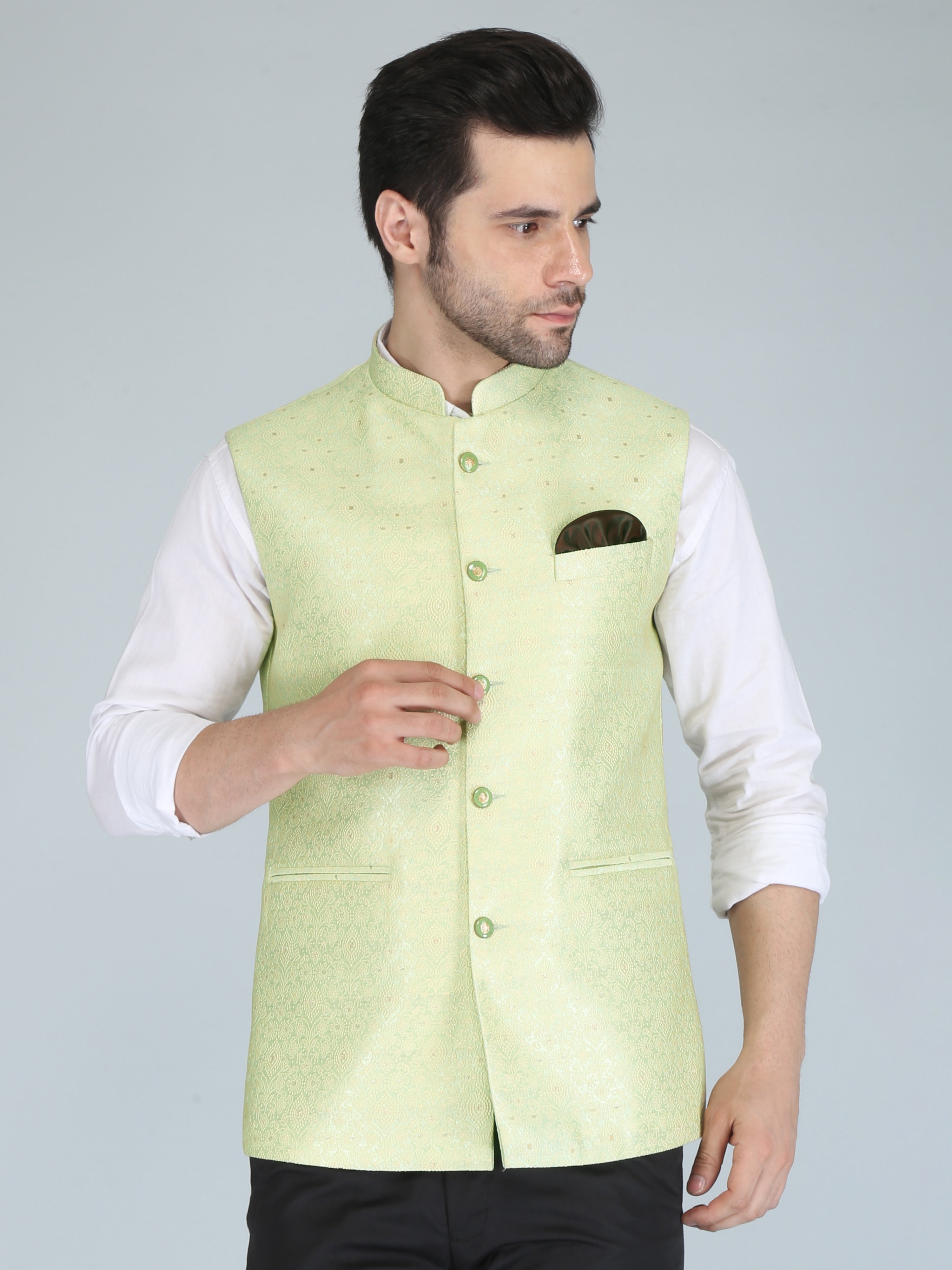 Green Brocade Nehru Jacket With Silk Kurta And Pant – LIBAS CAFE