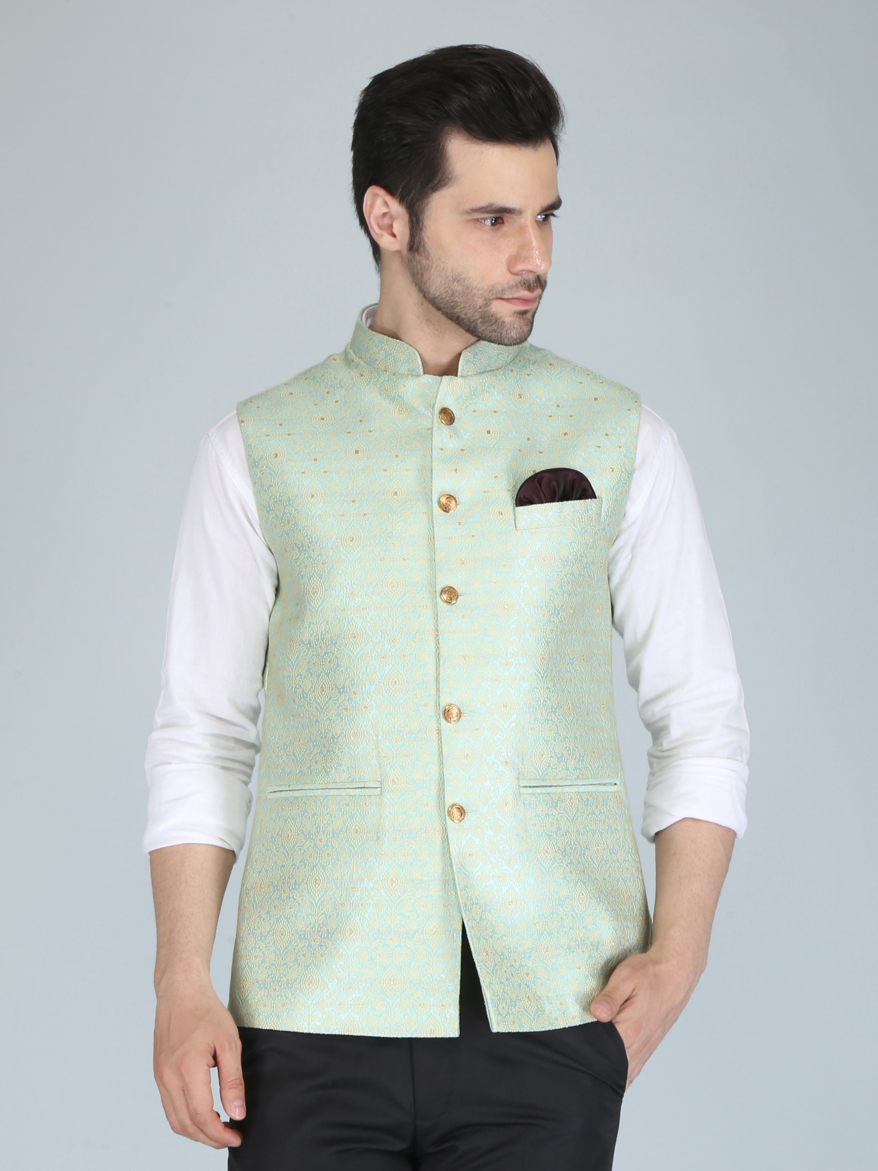 Embroidered Georgette Nehru Jacket in Green : MXX768