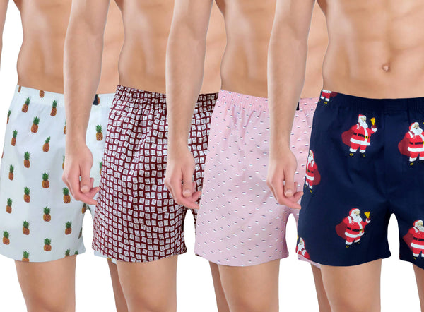 Pink Maroon Pinapple Santa Printed Premium Boxers Combo