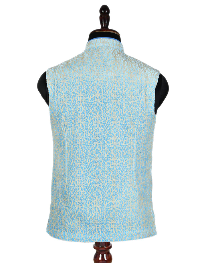 Back view of Sky Blue Velvet Partywear Nehru Mens Jacket | Amogue