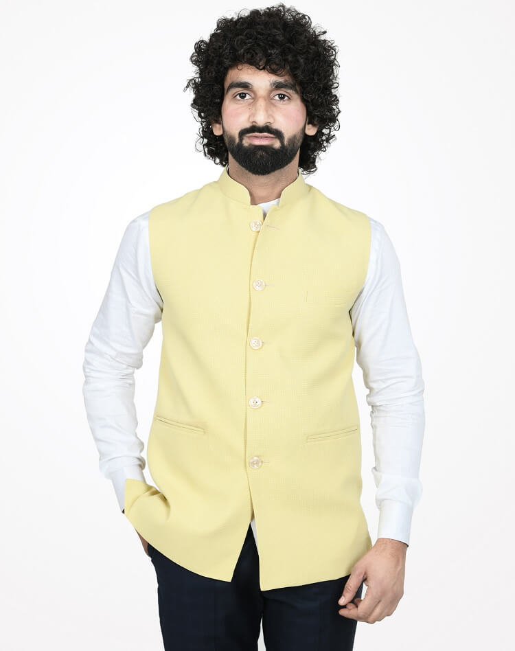 Men's Yellow Mandarin Collar Solid Nehru Jacket