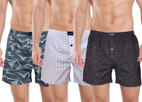 Dark Grey, Pink & Black Printed Cotton Boxers For Men | Amogue