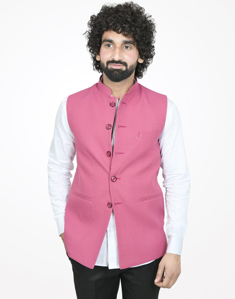 Adorning Pink Color Cotton Fabric Kurta Pyjama With Nehru Jacket Jacket