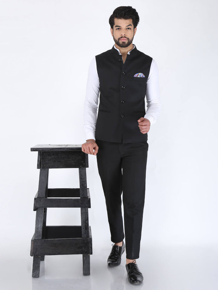 Black Solid Formal Nehru Jacket – Amogue - Main Image