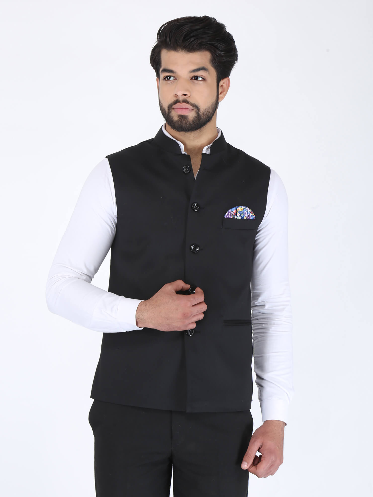 Black nehru jacket with cheap trousers