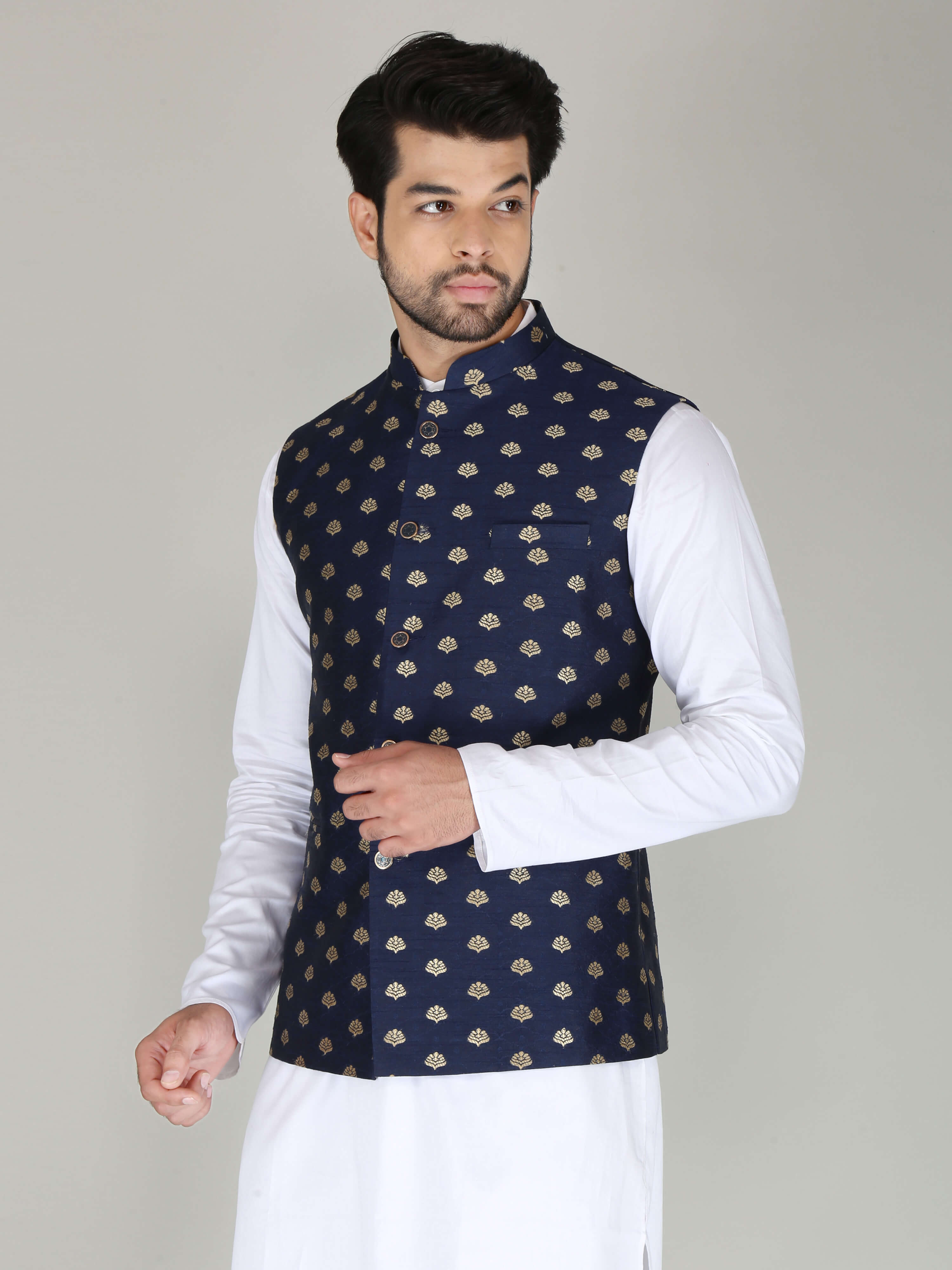 Navy Blue Kurta With White Nehru Jacket 932MW02