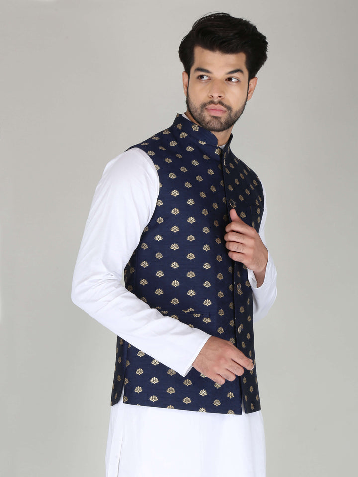 Banarasi Style Navy Blue Nehru Jacket For Men