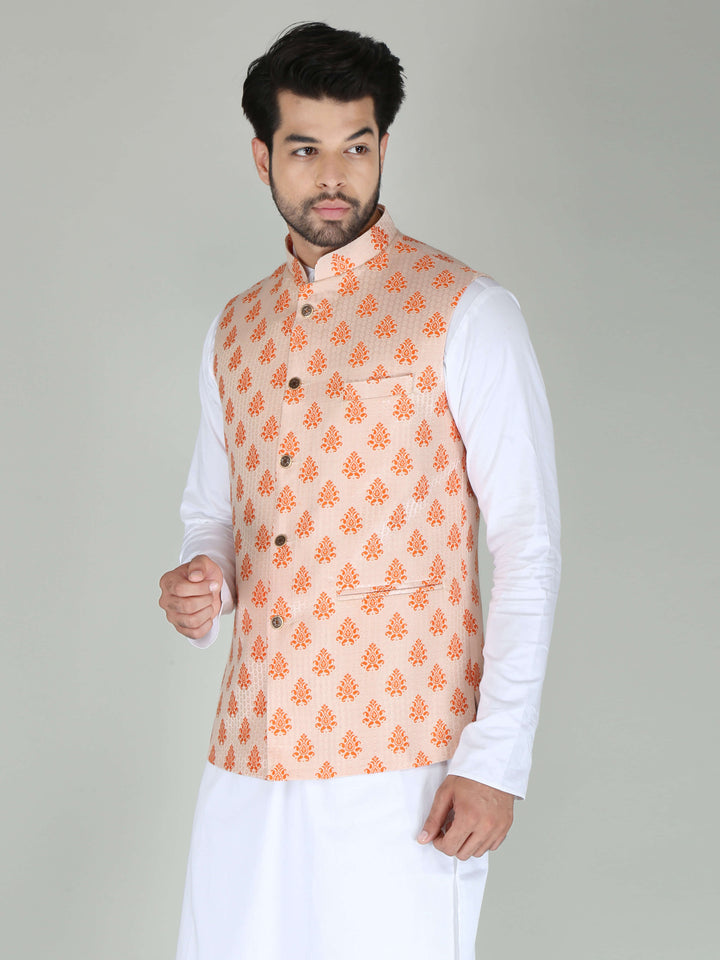 Jacquard Fabric Cream Orange Ethnic Jacket For Men