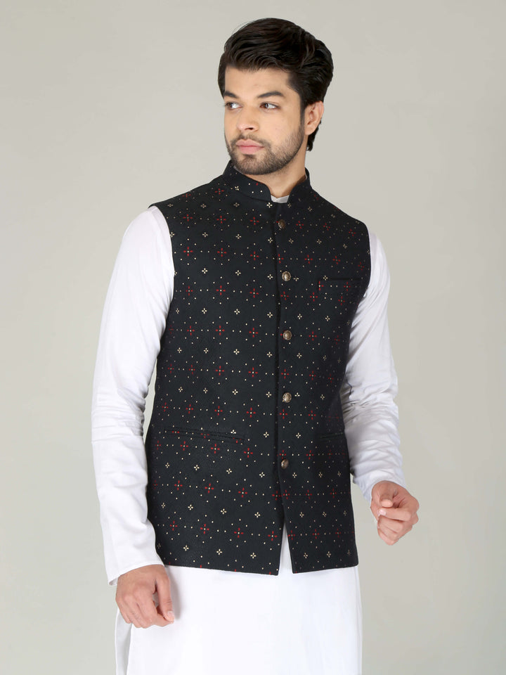 Black Star Printed Ethnic Nehru Jacket For Men