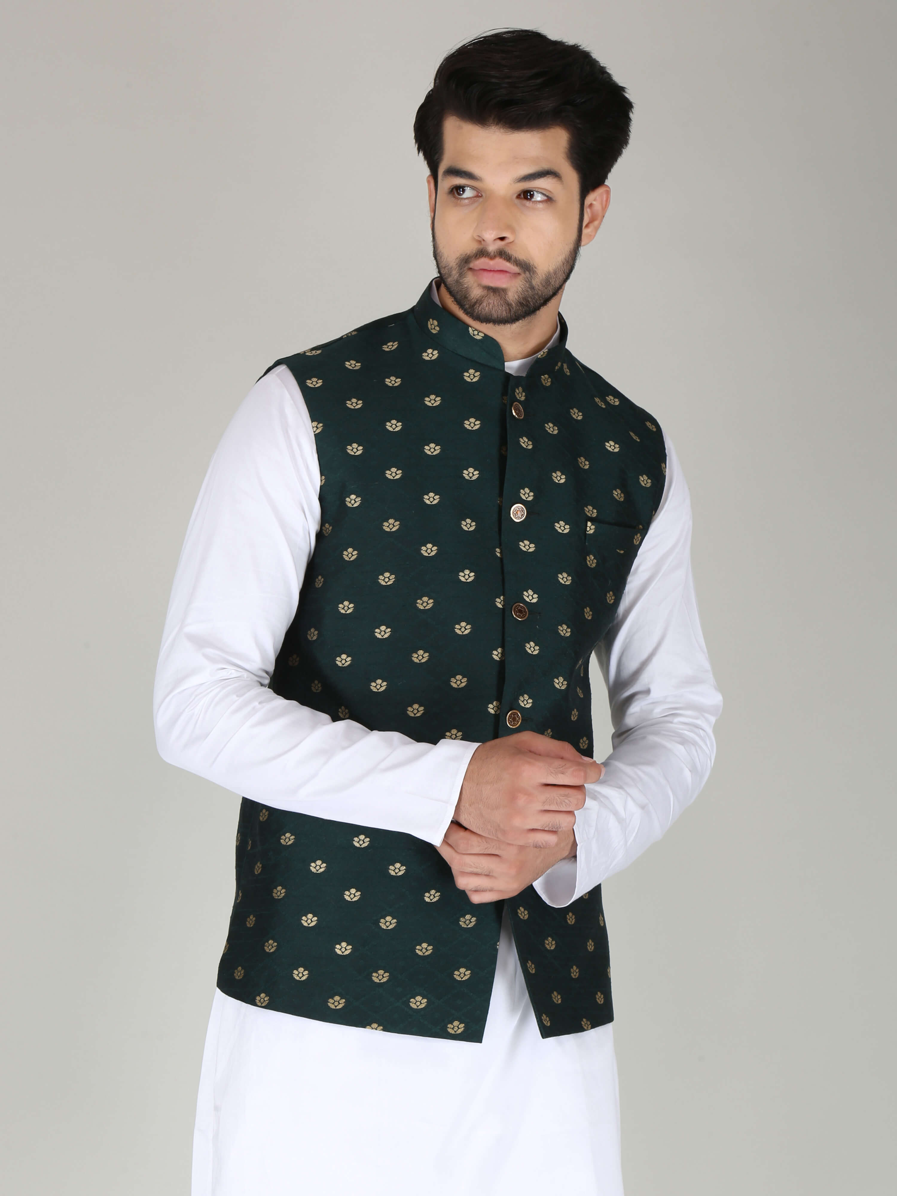 Men's Bottle Green & Gold Ethnic Motifs Kurta with Pyjamas & Nehru Jacket