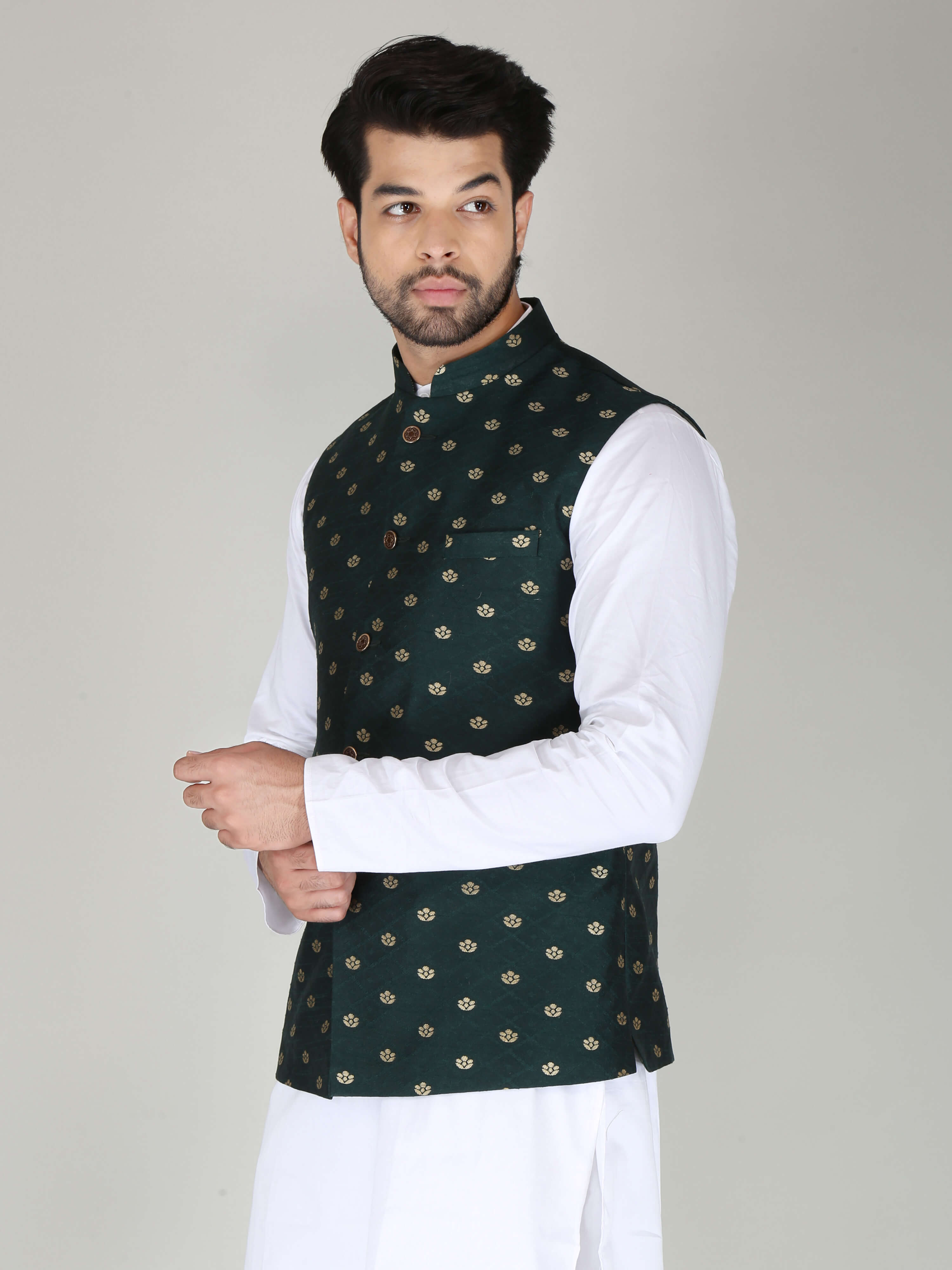 Wintage Men's Banarasi Rayon Cotton Bandhgala Festive Nehru Modi Jacket  Waistcoat : Green