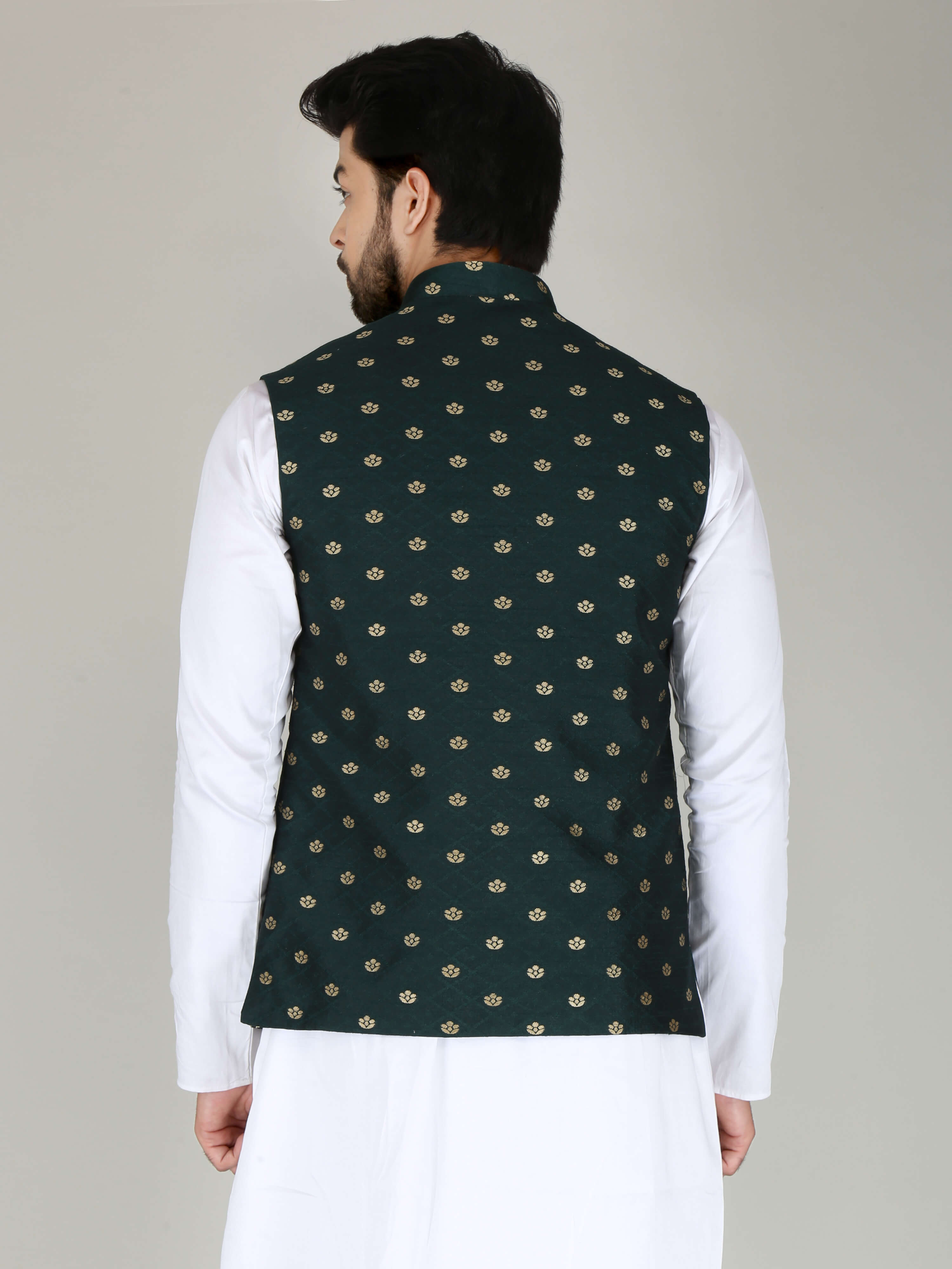 Dark Green Jacquard Nehru Jacket – EDWAN by Rushab Khandelwal