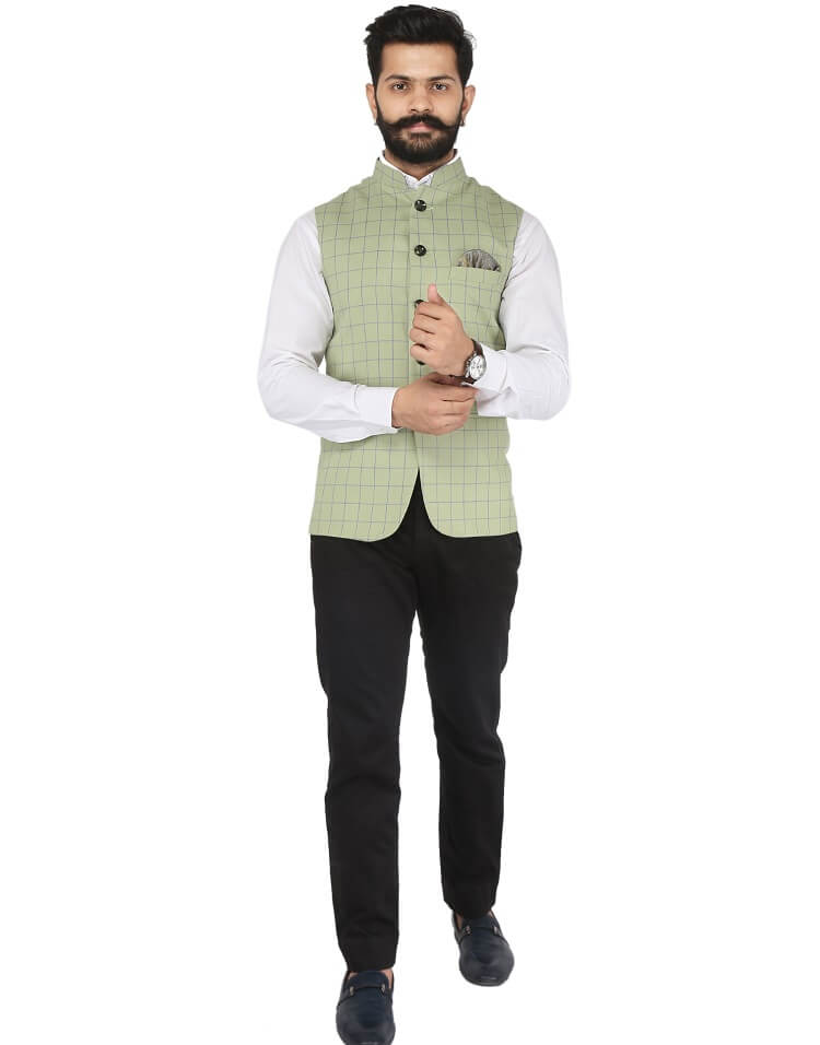 Buy Green Block Printed Chanderi Nehru Jacket for Men | FGMNJ21-01 | Farida  Gupta