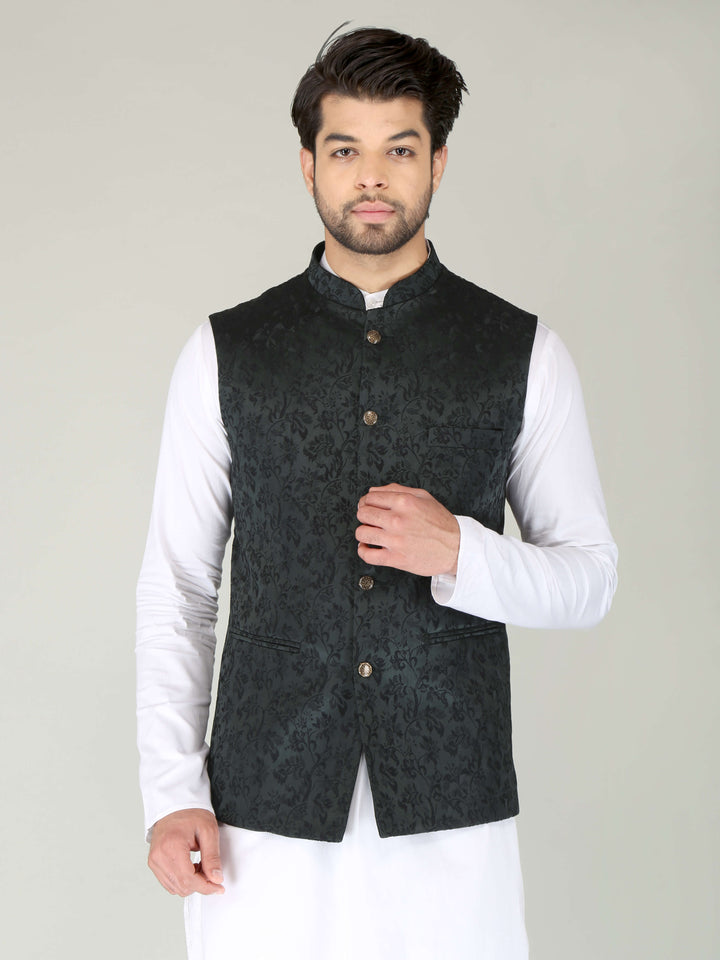 Dark Green Self-Printed Roots Nehru Jacket For Men