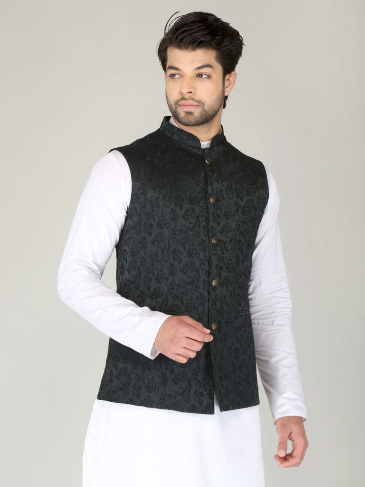 Dark Green Self-Printed Roots Nehru Jacket For Men