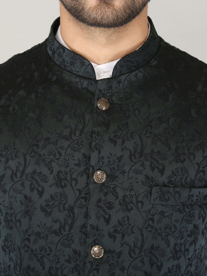 Dark Green Self-Printed Roots Nehru Jacket For Men