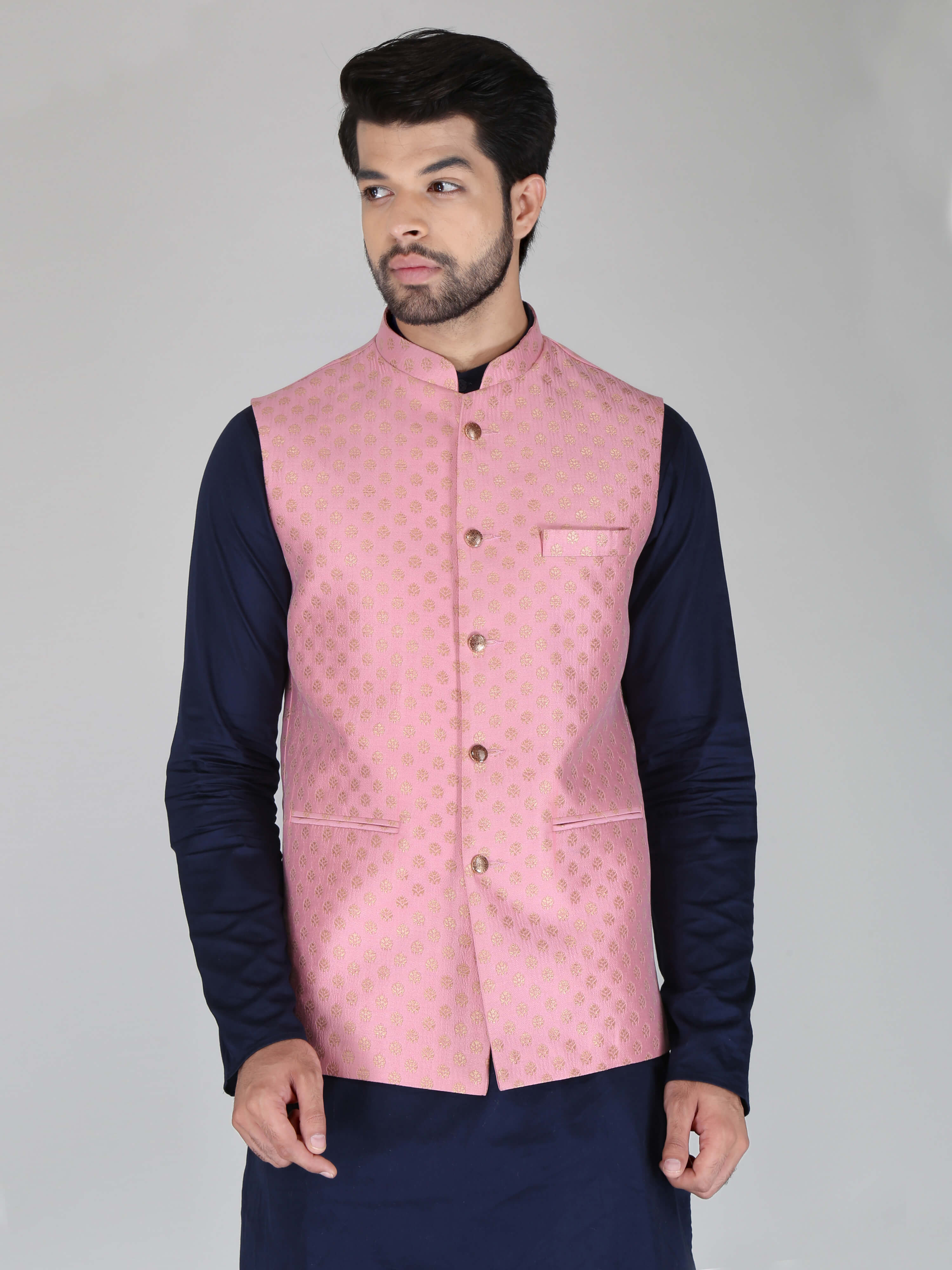 Pink Thread Embroidered Silk Nehru Jacket