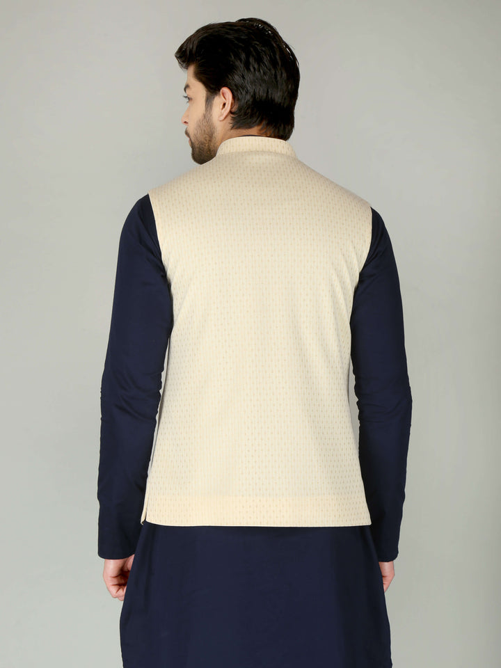 Cream Self-Lining Ethnic Nehru Jacket For Men