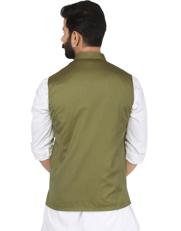 Back view of Men's Olive Green Nehru jacket | Amogue