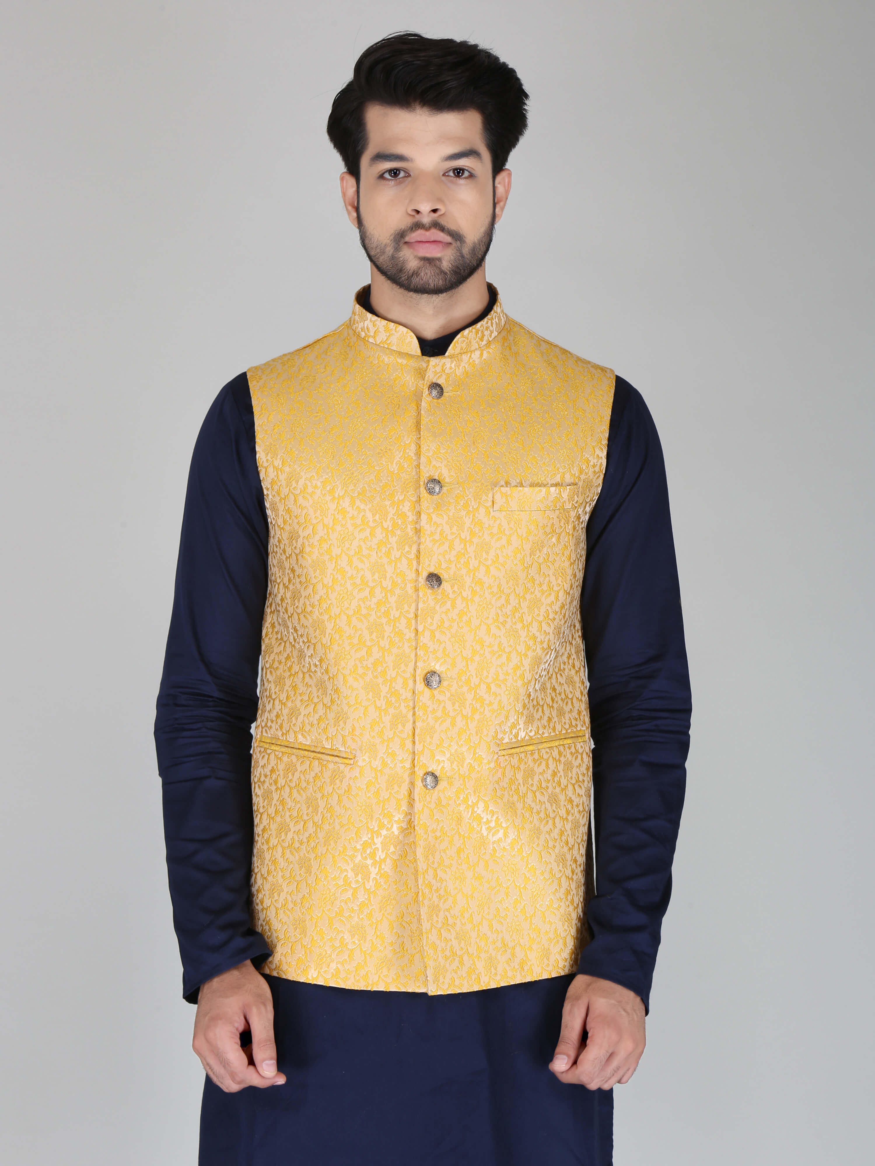 Jacquard Fabric Yellow Ethnic Jacket For Men | Amogue