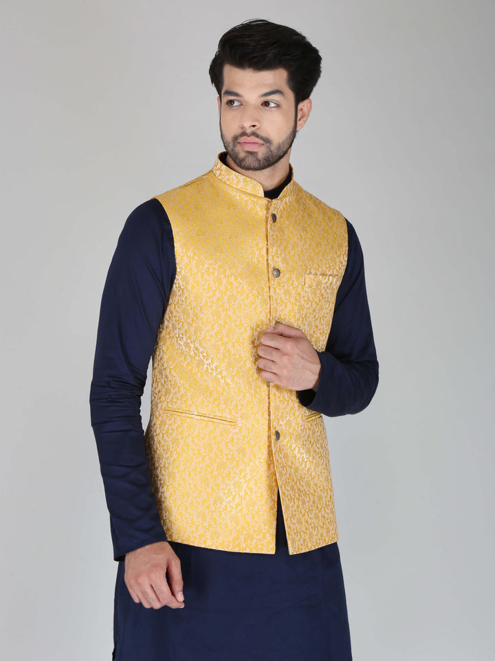 Jacquard Fabric Yellow Ethnic Jacket For Men