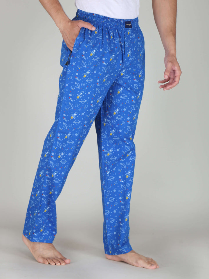 Rocket Printed Classic Blue Cotton Pajamas For Men