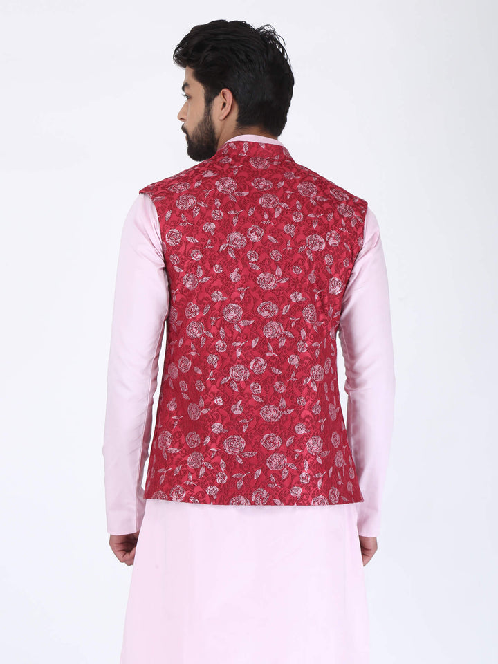 Back view of men wearing Red Pink Flower Ethnic Jacket