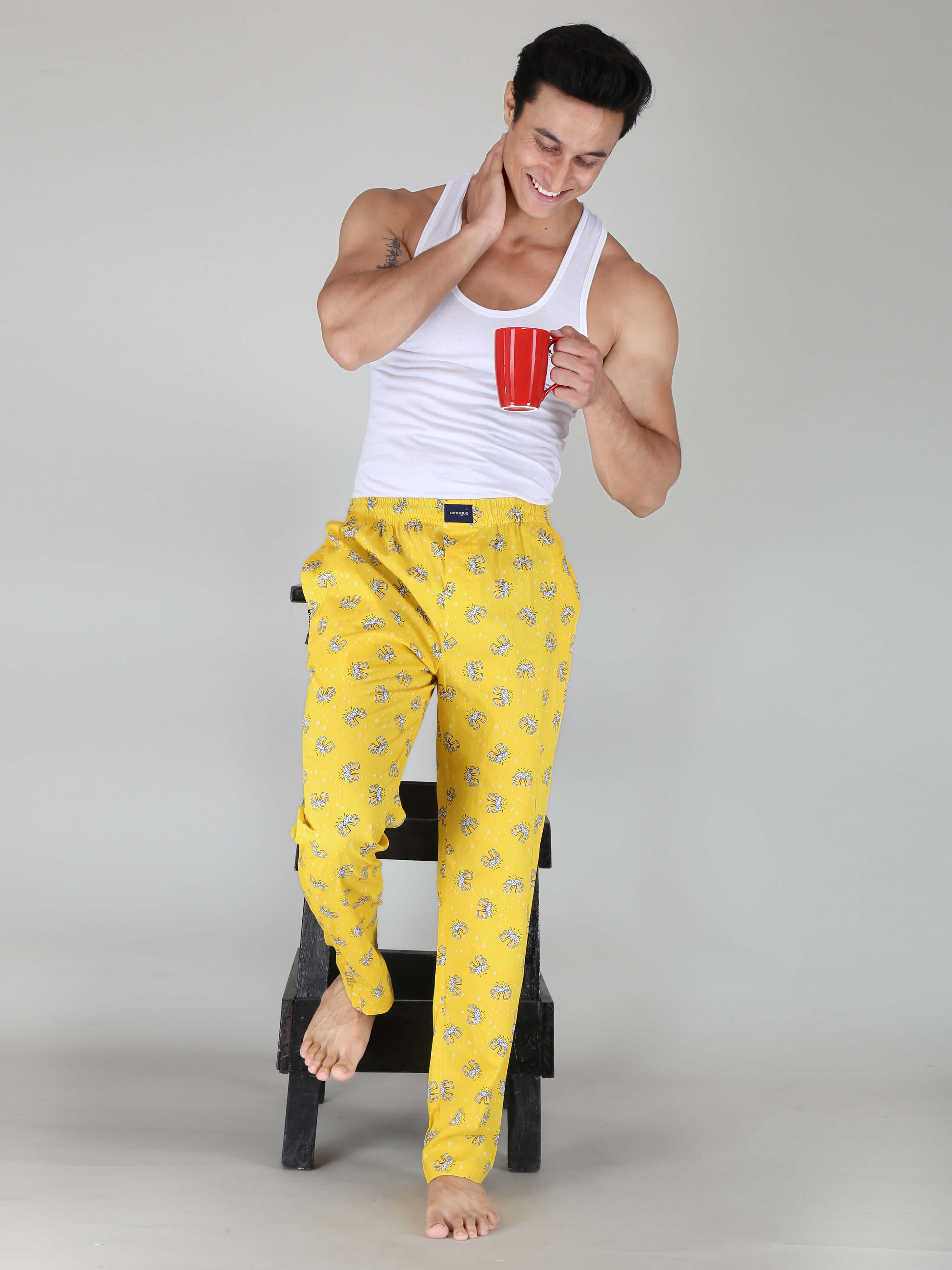 Beer Printed Yellow Cotton Pajama For Men Amogue