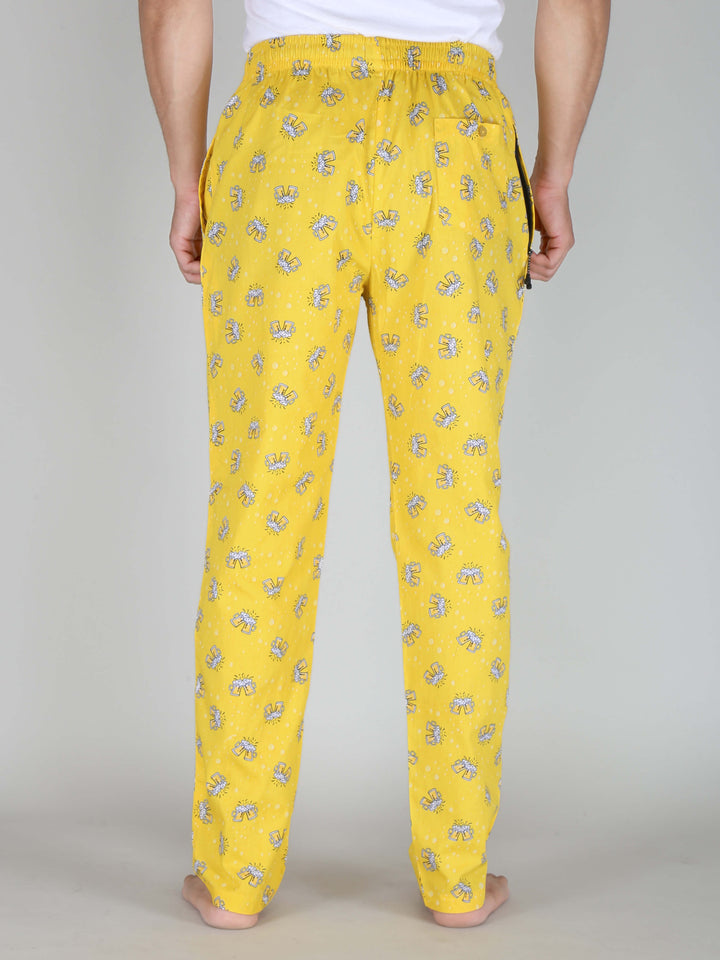 Beer Printed Yellow Cotton Pajama For Men