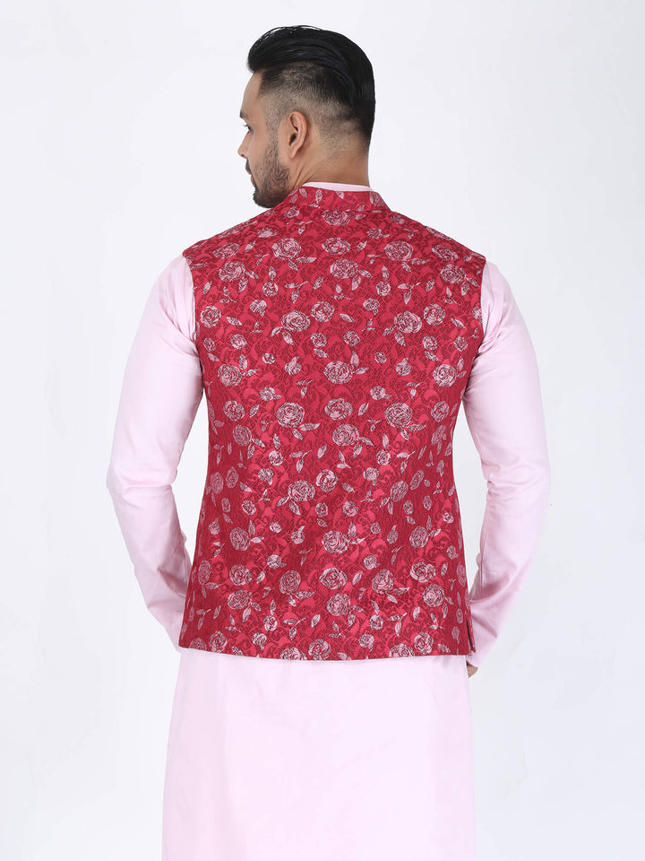 Back view of Red Pink Flower Work Nehru Jacket | Amogue