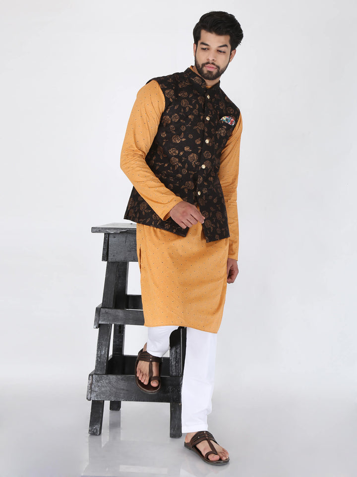 Side View of Model Wear Ethnic Yellow Kurta with white pyjama and black Brown nehru jacket.