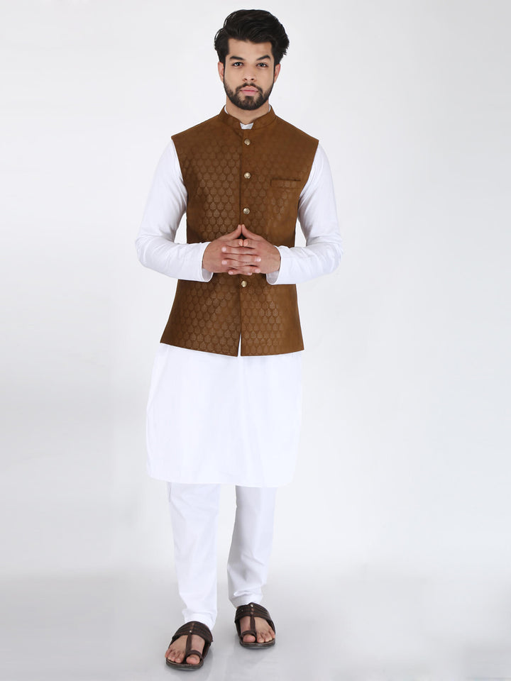 Model wearing Golden Brown Ethnic Jacket on white kurta pajama.