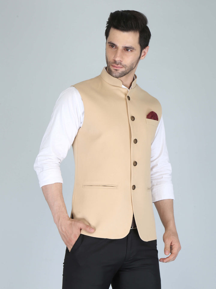 Solid Beige Casual Nehru Jacket For Men