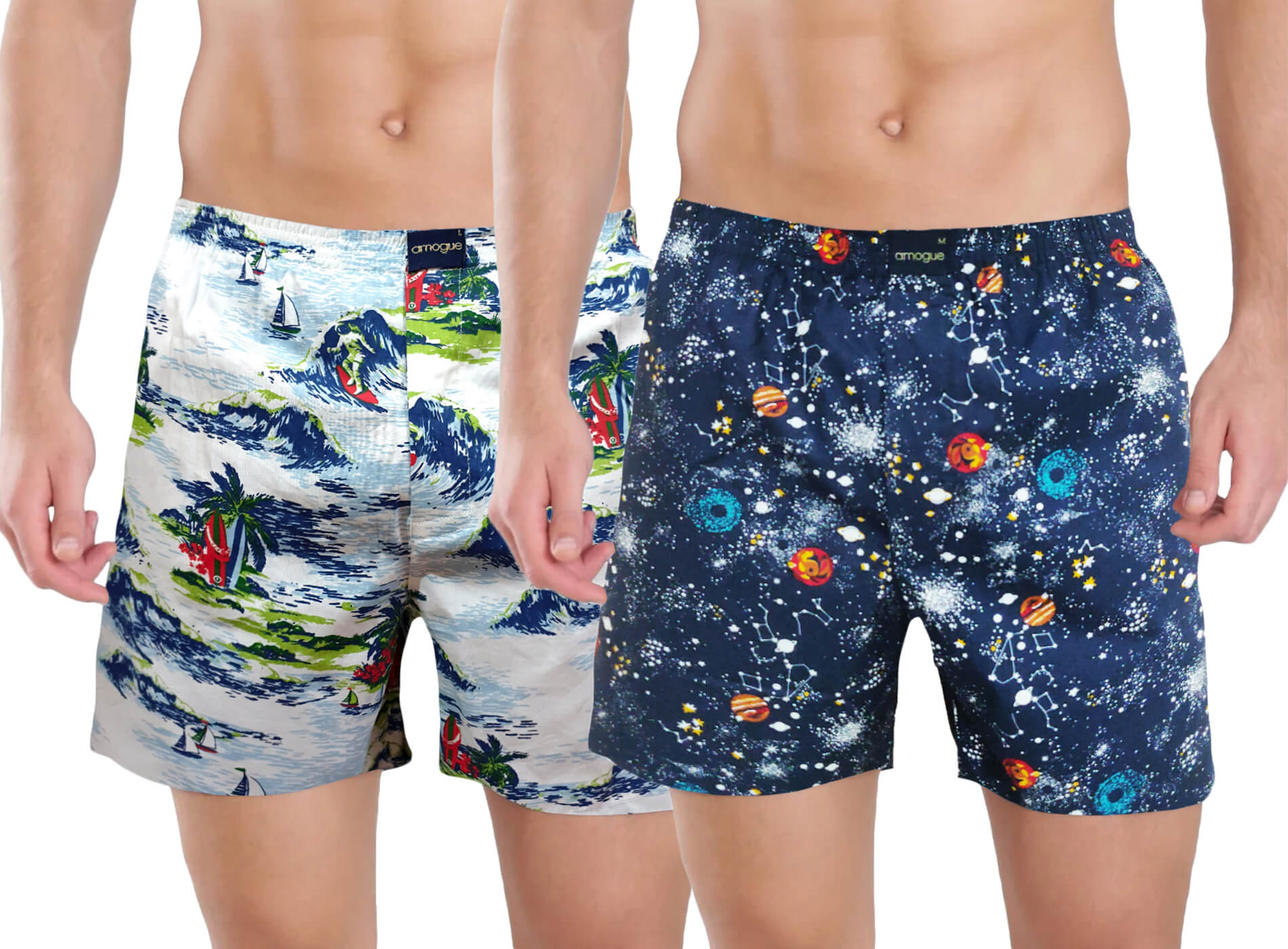 White & Navy Galaxy Printed Cotton Boxers For Men(Pack of 2) | Amogue