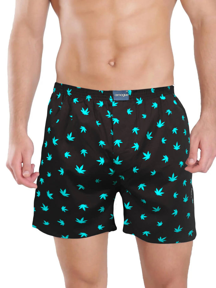 Black Leaf Printed Men Cotton Boxer | Amogue