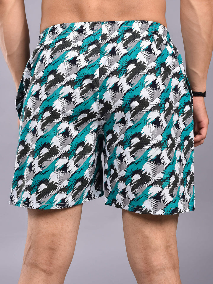 Green White Camo Printed Cotton Boxer Shorts For Men