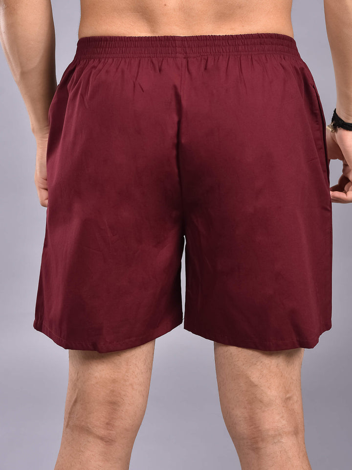 Wine Solid Cotton Boxer Shorts For Men with Side Pockets