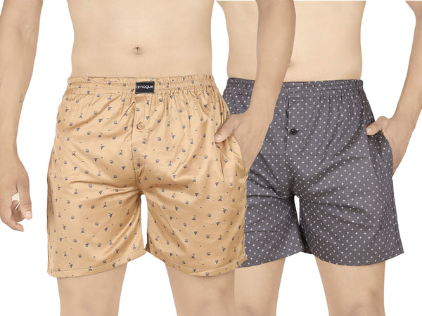 Beige & Dark Grey Dotted Printed Boxers For Men