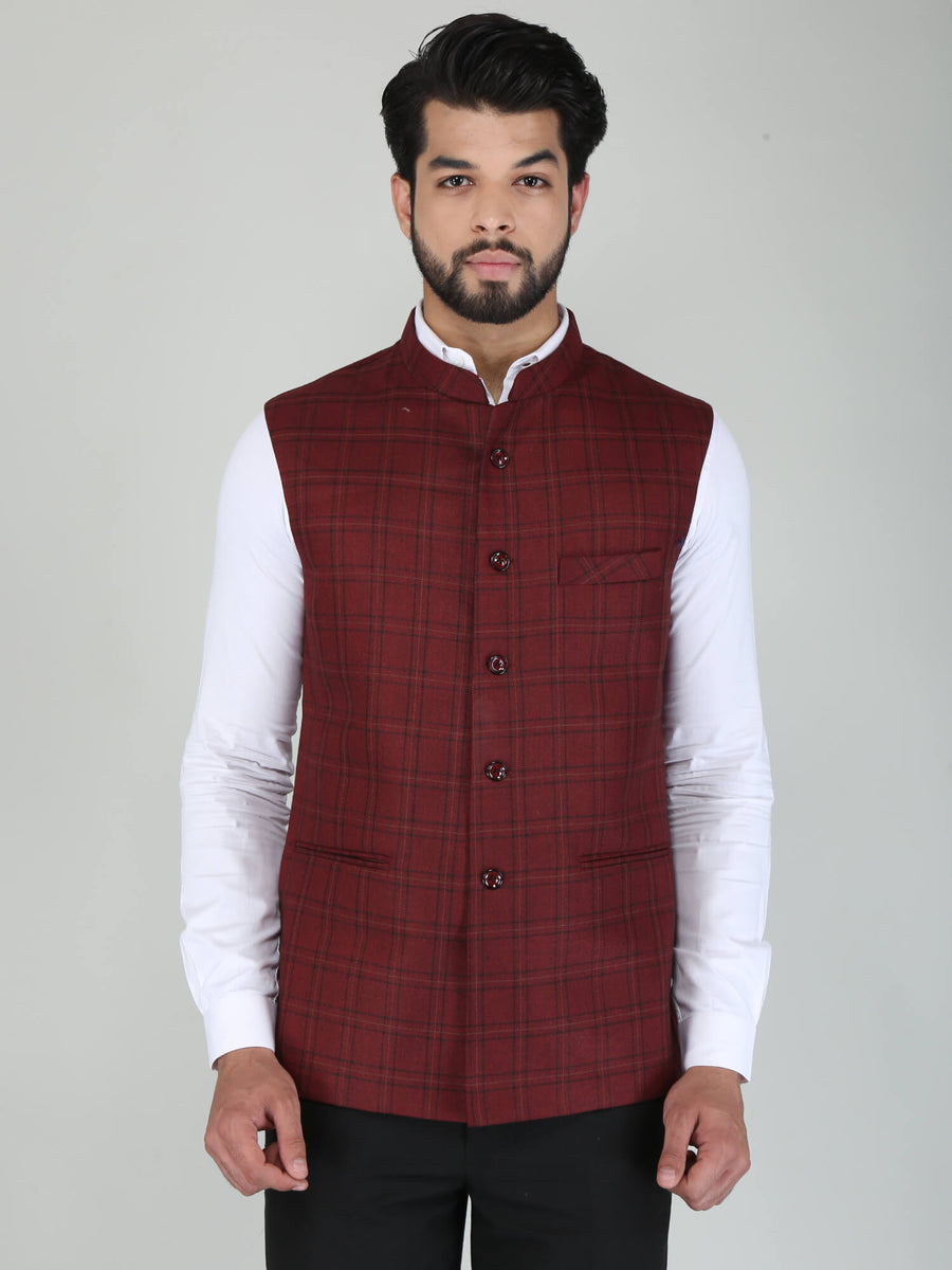 Maroon Woolen Tweed Nehru Jacket