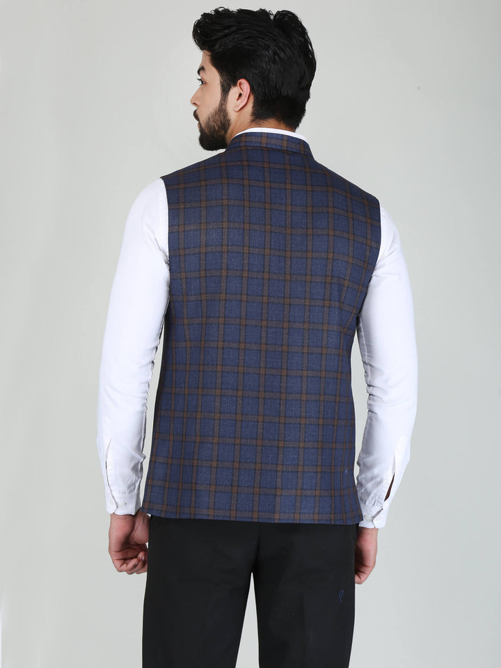 Blue Brown Striped Woolen Tweed Nehru jacket - Back View