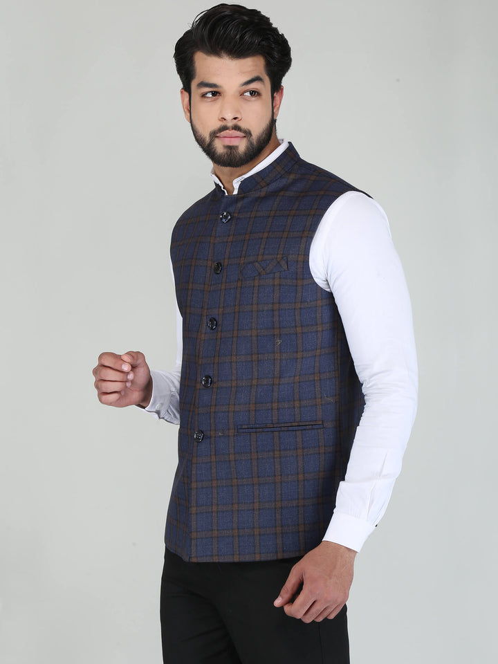 Blue Brown Striped Woolen Tweed Nehru jacket - Side View