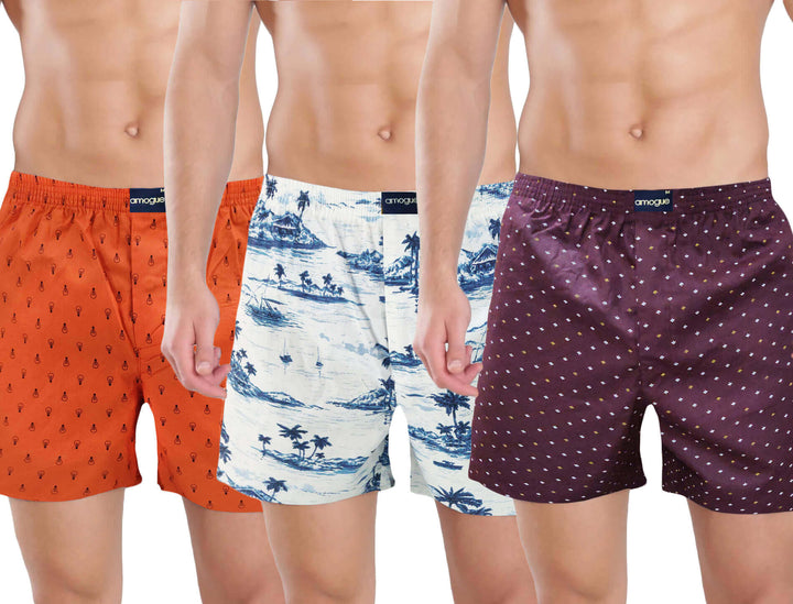 Orange White & Wine Printed Cotton Boxers For Men