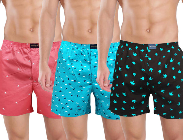 Peach Sky Blue & Black Printed Cotton Boxers For Men 