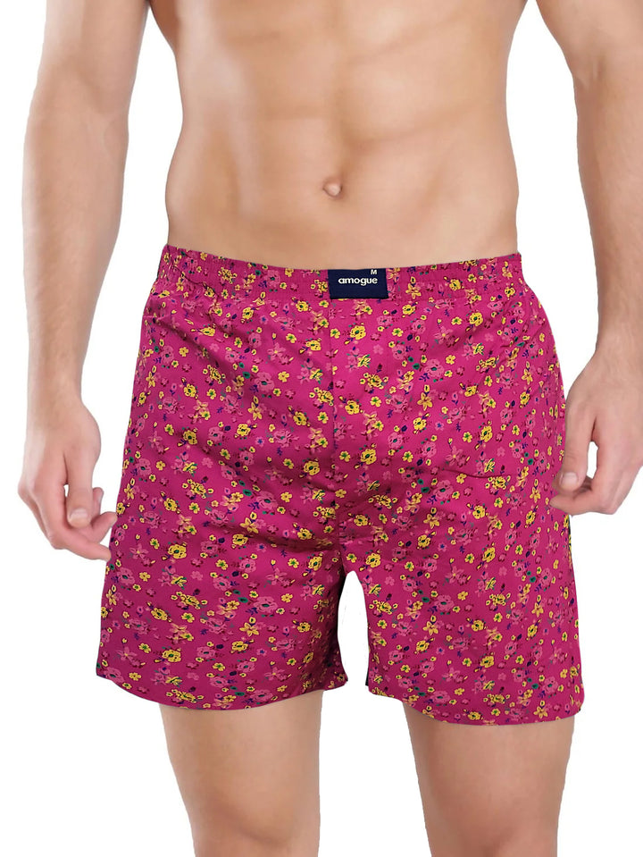 Pink Flower Printed Cotton Boxer Shorts For Men Amogue