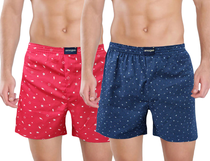 Red & Blue Dotted Printed Cotton Men's Boxers(Pack of 2)